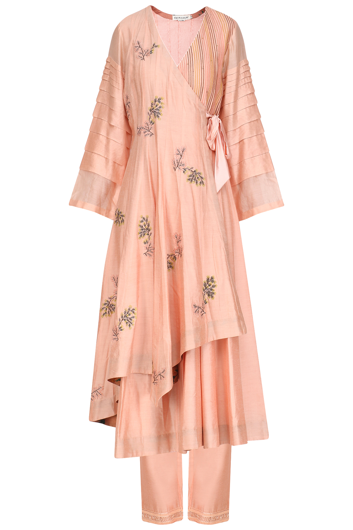 Peach embroidered angrakha style anarkali set available only at Pernia's Pop Up Shop.