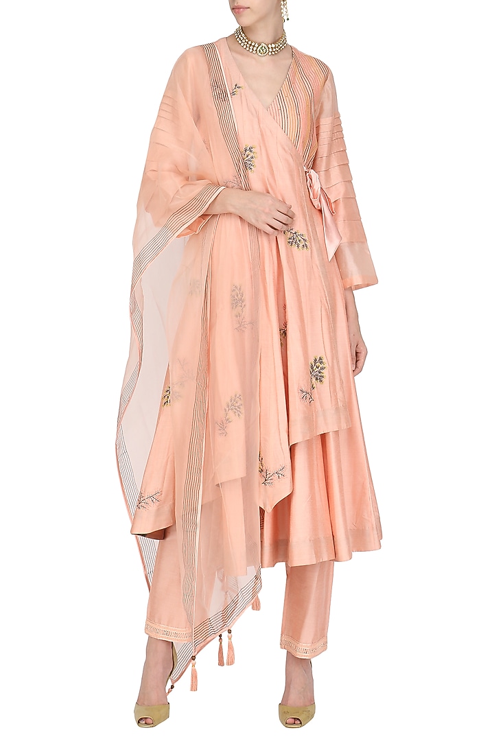 Peach embroidered angrakha style anarkali set available only at Pernia's Pop Up Shop.