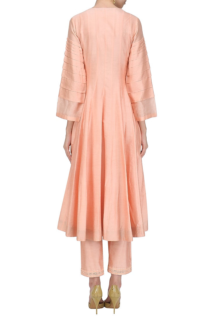 Peach embroidered angrakha style anarkali set available only at Pernia's Pop Up Shop.