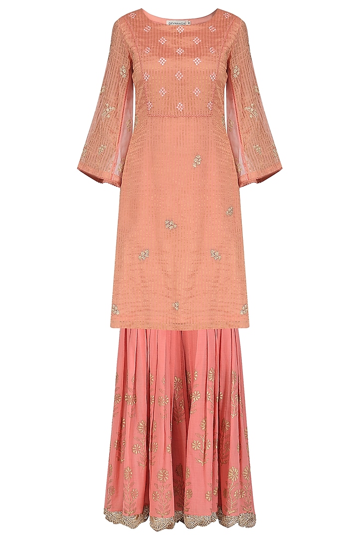 Rose Pink Embroidered and Block Printed Kurta with Gharara Pants Set by Devnaagri