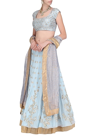 Ash Blue Embroidered Lehenga Set by Devnaagri