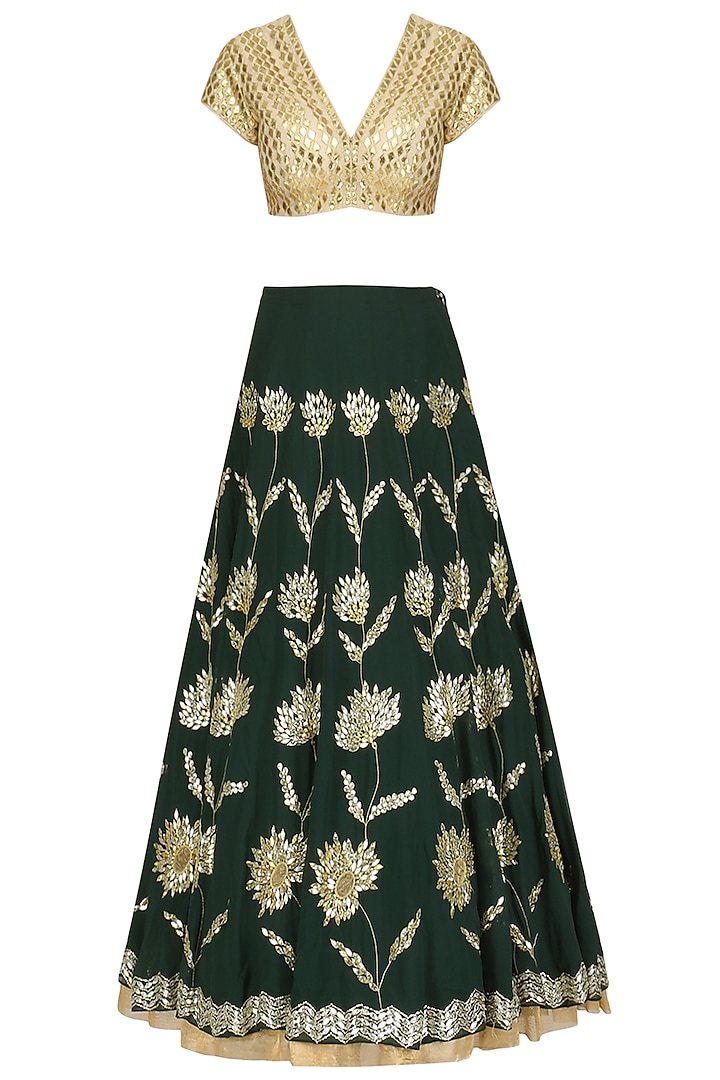 Emerald Green and Gold Embroidered Lehenga Set by Devnaagri