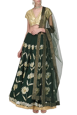 Emerald Green and Gold Embroidered Lehenga Set by Devnaagri