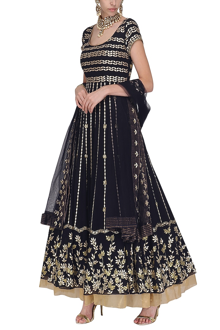 Navy blue embroidered anarkali set available only at Pernia's Pop Up Shop.