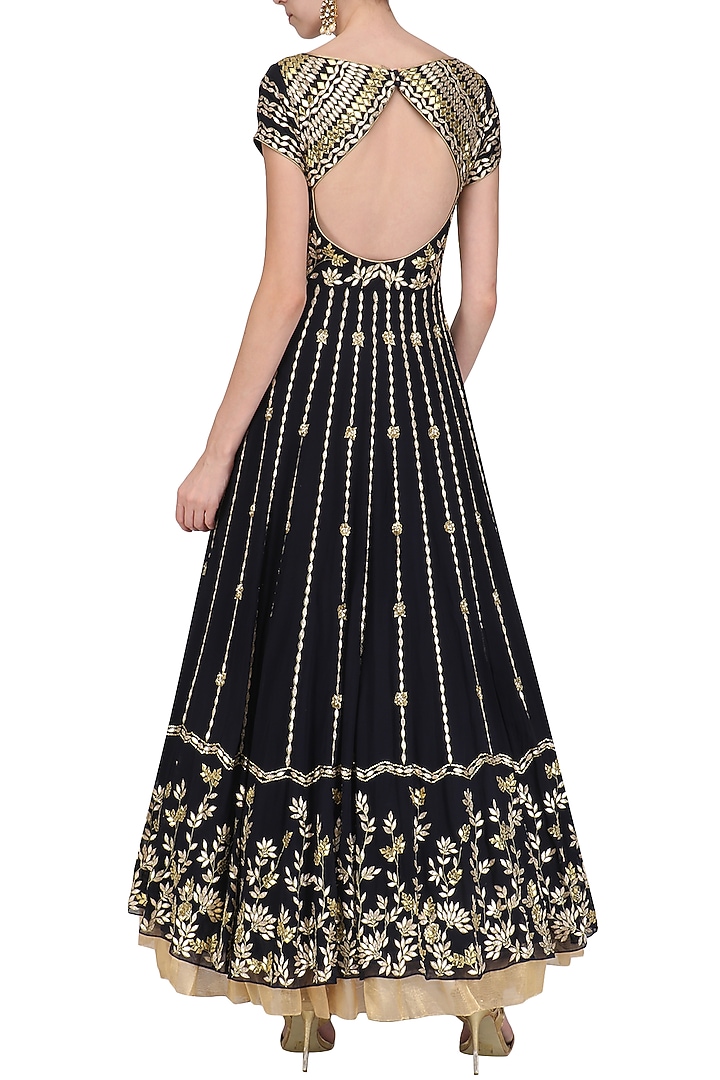 Navy blue embroidered anarkali set available only at Pernia's Pop Up Shop.