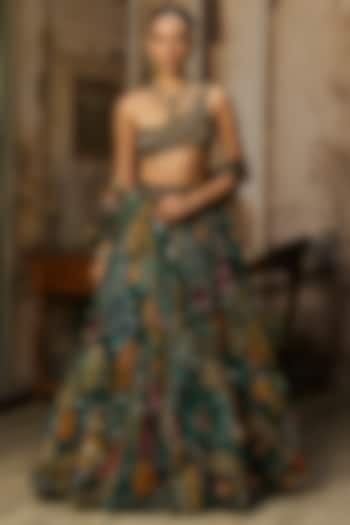 Dark Green Tulle Coral Veil Printed Wedding Lehenga Set by DiyaRajvvir at Pernia's Pop Up Shop