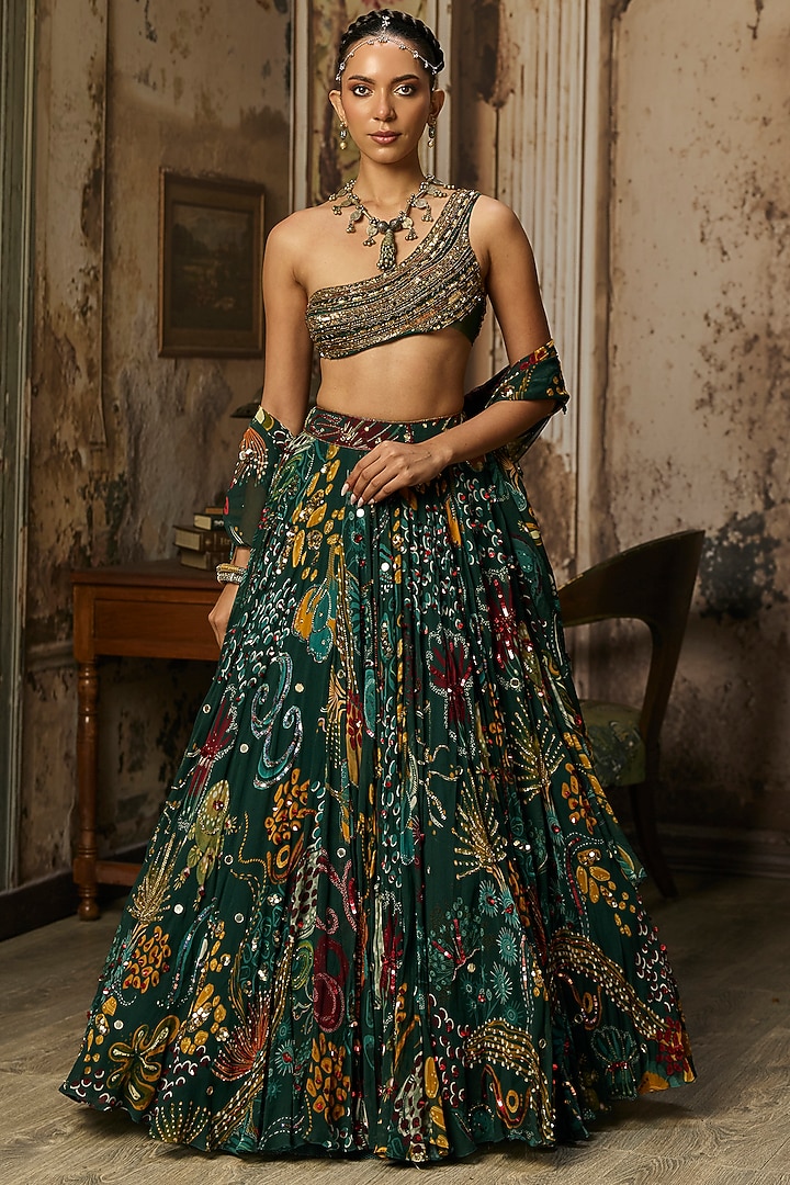 Dark Green Tulle Coral Veil Printed Wedding Lehenga Set by DiyaRajvvir at Pernia's Pop Up Shop