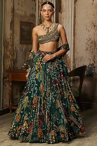 Dark Green Tulle Coral Veil Printed Lehenga Set by DiyaRajvvir