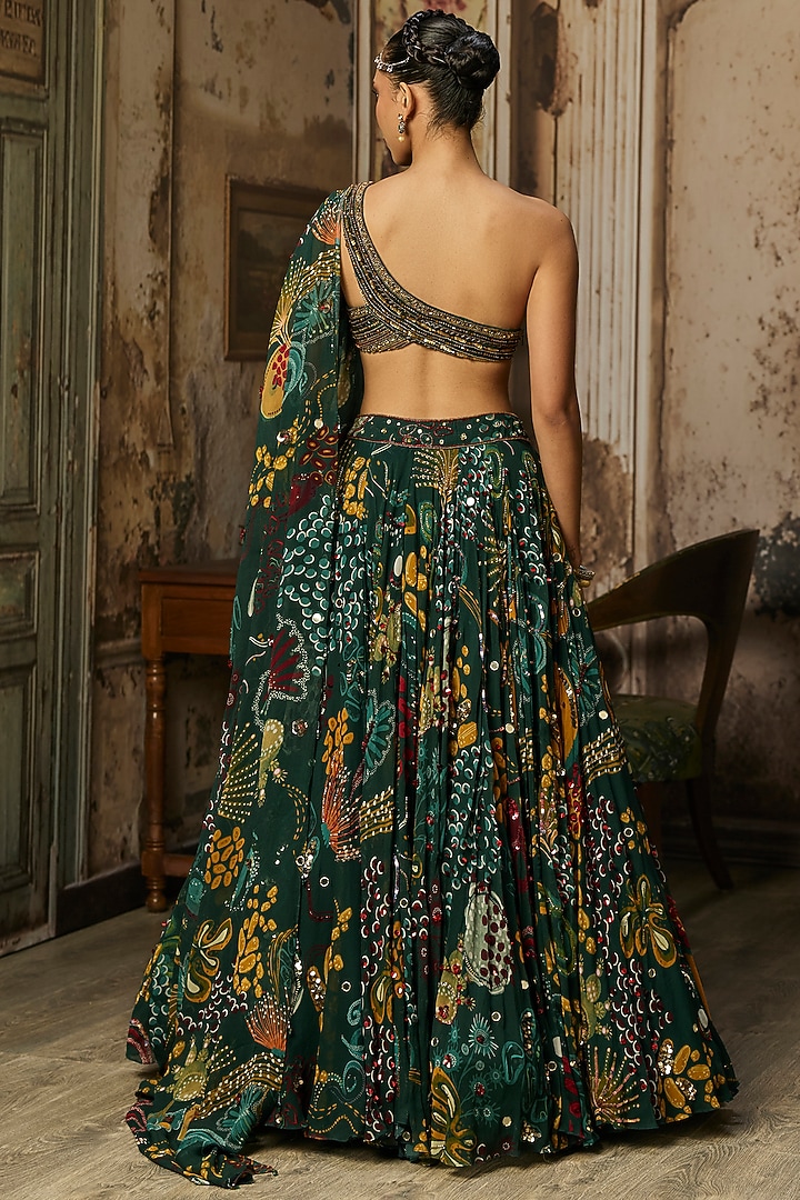Dark Green Tulle Coral Veil Printed Wedding Lehenga Set by DiyaRajvvir at Pernia's Pop Up Shop