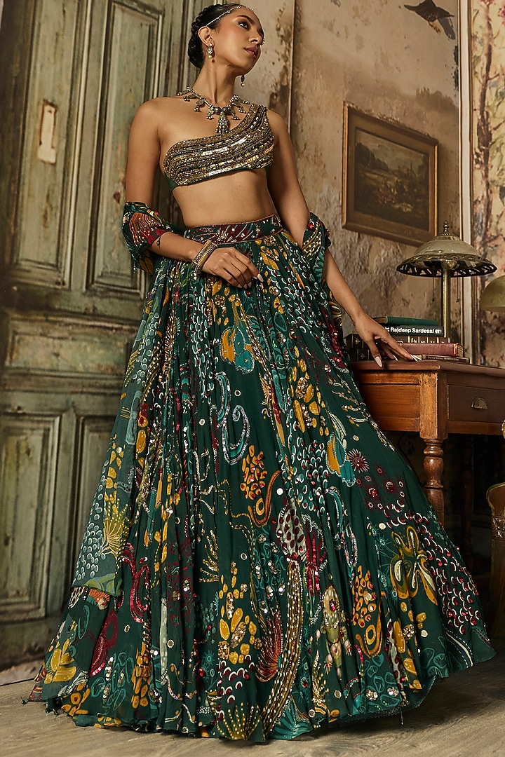 Dark Green Tulle Coral Veil Printed Wedding Lehenga Set by DiyaRajvvir at Pernia's Pop Up Shop