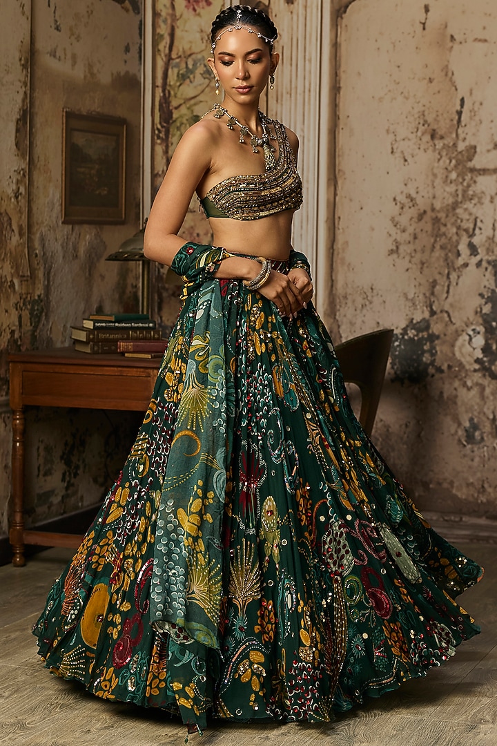 Dark Green Tulle Coral Veil Printed Wedding Lehenga Set by DiyaRajvvir at Pernia's Pop Up Shop