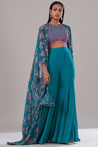 Teal Blue Organza Printed Cape Set by DiyaRajvvir
