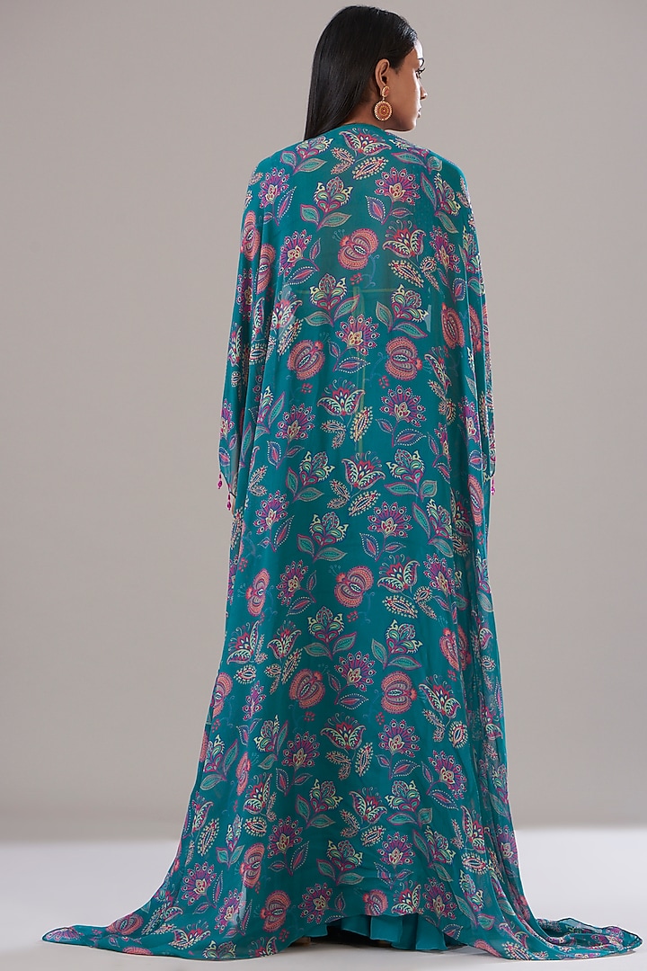 Teal Blue Organza Printed Cape Set by DiyaRajvvir at Pernia's Pop Up Shop