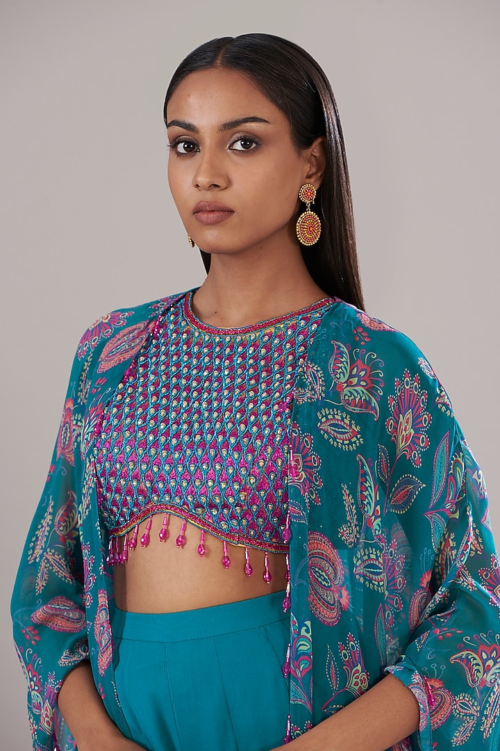 Teal Blue Organza Printed Cape Set by DiyaRajvvir at Pernia's Pop Up Shop