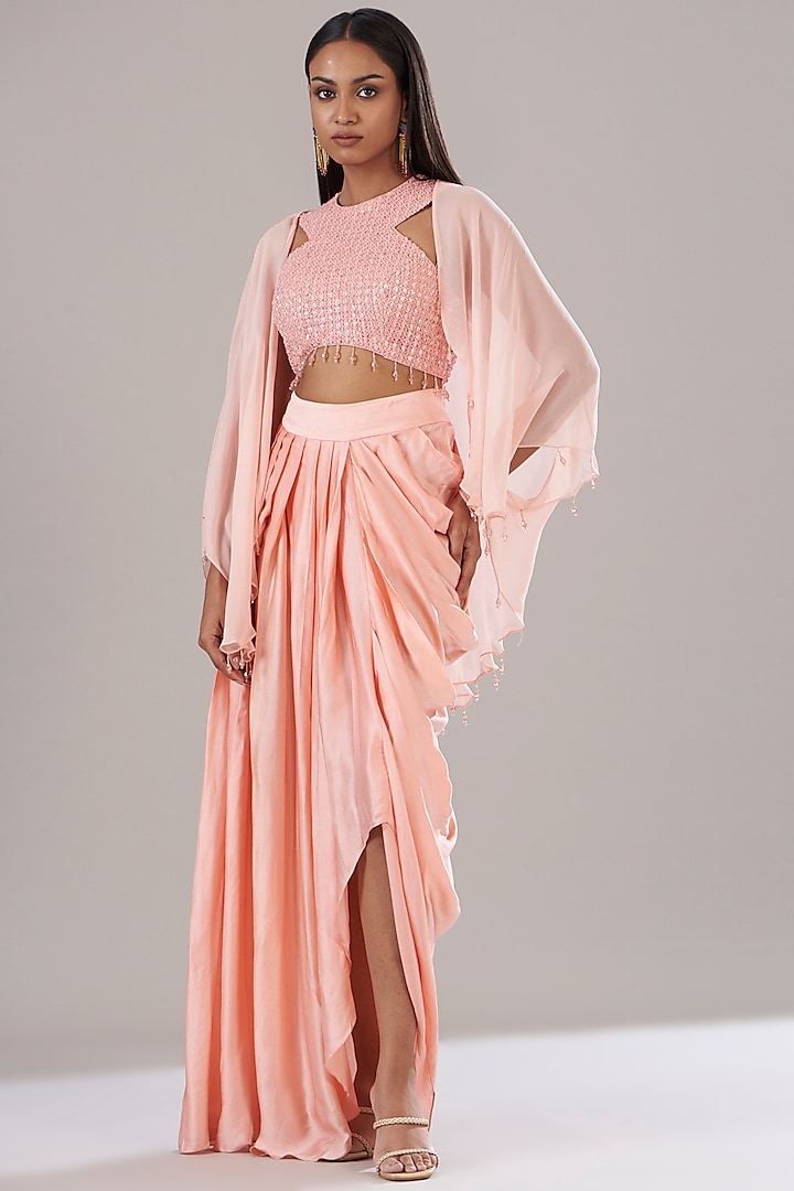 Peach Tulle & Modal Cape Set by DiyaRajvvir