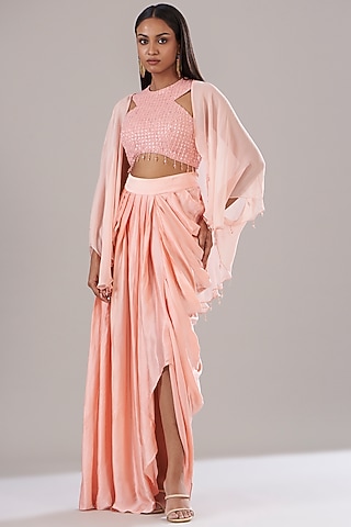 Peach Tulle & Modal Cape Set by DiyaRajvvir
