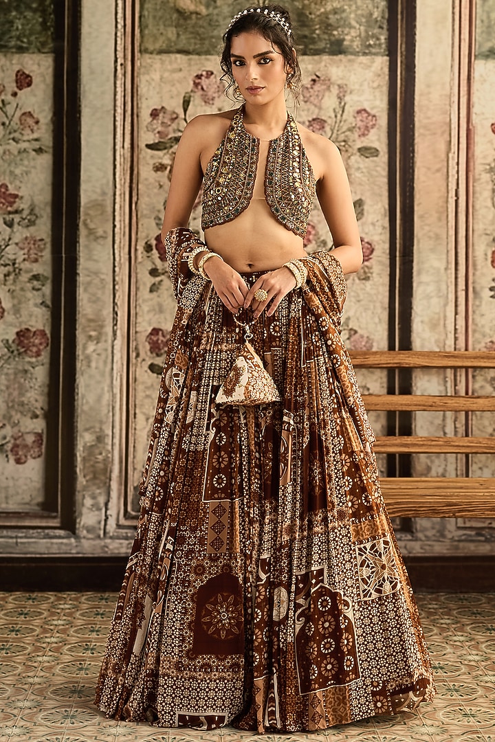 Caramel-Colored Tulle & Georgette Printed Wedding Lehenga Set by DiyaRajvvir at Pernia's Pop Up Shop