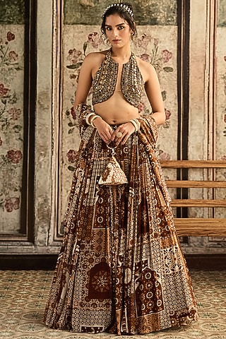 Caramel-Colored Tulle & Georgette Printed Lehenga Set by DiyaRajvvir
