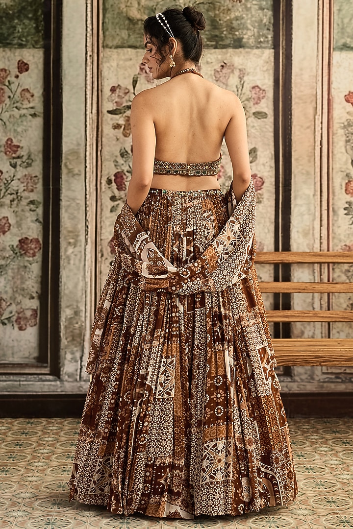 Caramel-Colored Tulle & Georgette Printed Wedding Lehenga Set by DiyaRajvvir at Pernia's Pop Up Shop