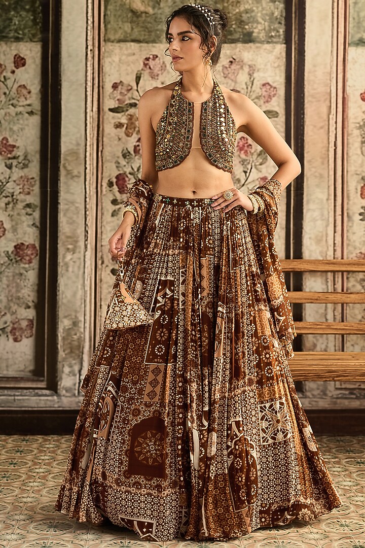 Caramel-Colored Tulle & Georgette Printed Wedding Lehenga Set by DiyaRajvvir at Pernia's Pop Up Shop