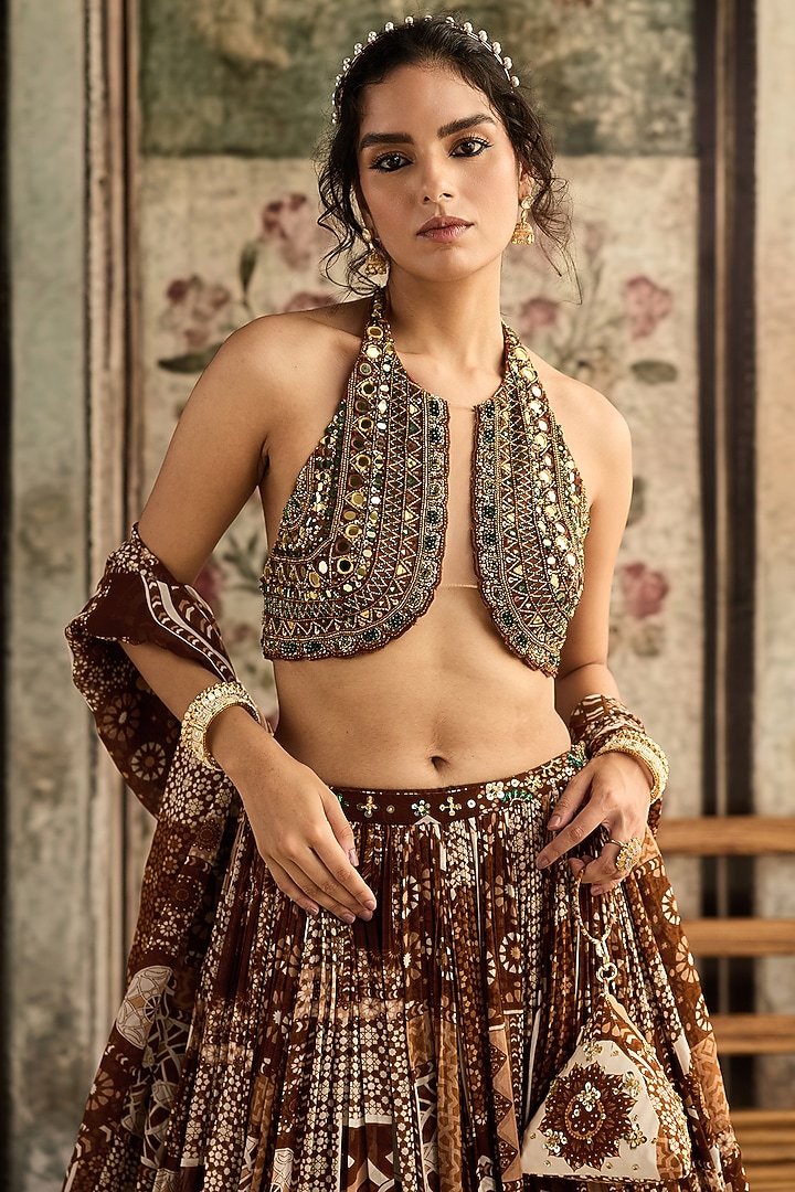 Caramel-Colored Tulle & Georgette Printed Wedding Lehenga Set by DiyaRajvvir at Pernia's Pop Up Shop