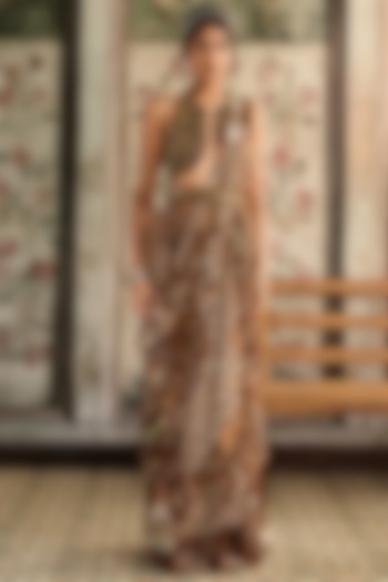 Caramel-Colored Tulle Jaal Printed Draped Tiered Skirt Wedding Saree Set by DiyaRajvvir at Pernia's Pop Up Shop