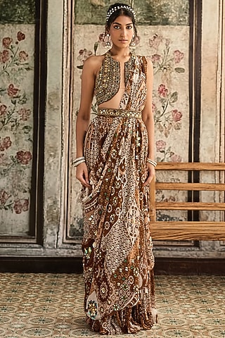 Caramel-Colored Tulle Jaal Printed Draped Tiered Skirt Saree Set by DiyaRajvvir