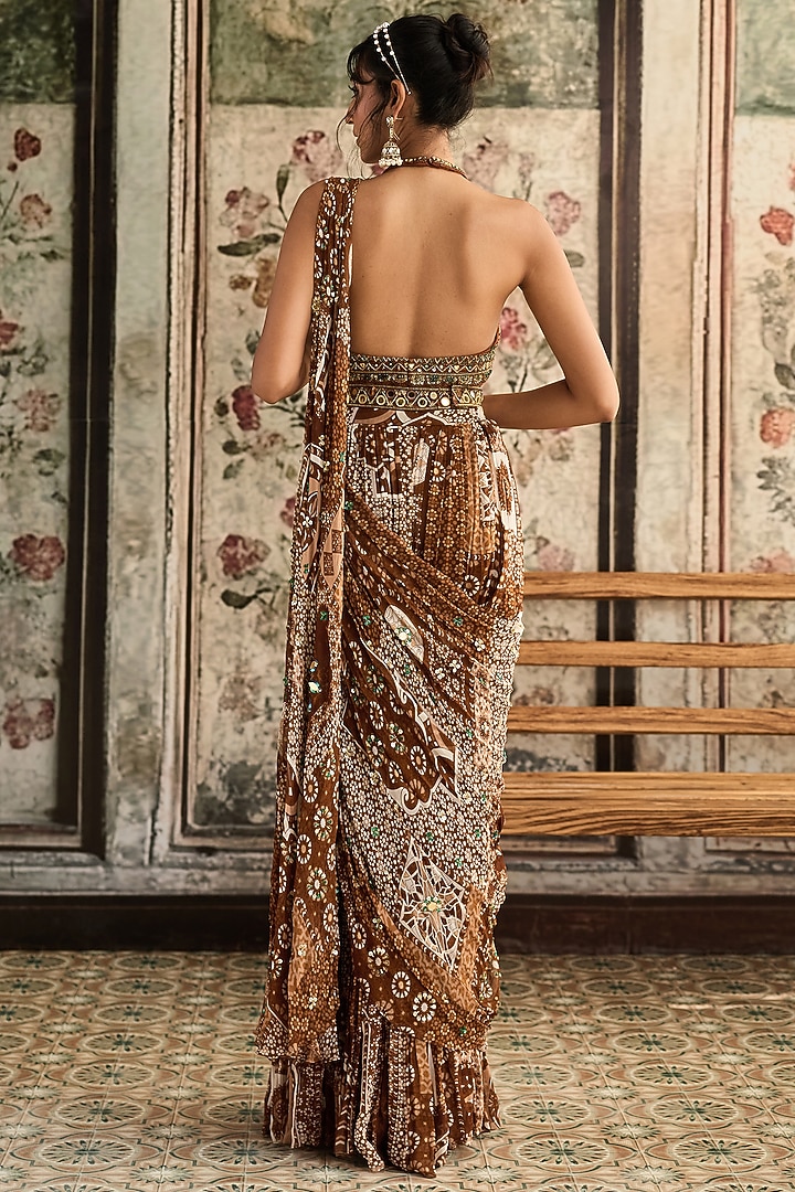 Caramel-Colored Tulle Jaal Printed Draped Tiered Skirt Wedding Saree Set by DiyaRajvvir at Pernia's Pop Up Shop