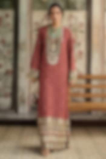 Caramel-Colored Dola Silk Printed Kaftan by DiyaRajvvir at Pernia's Pop Up Shop