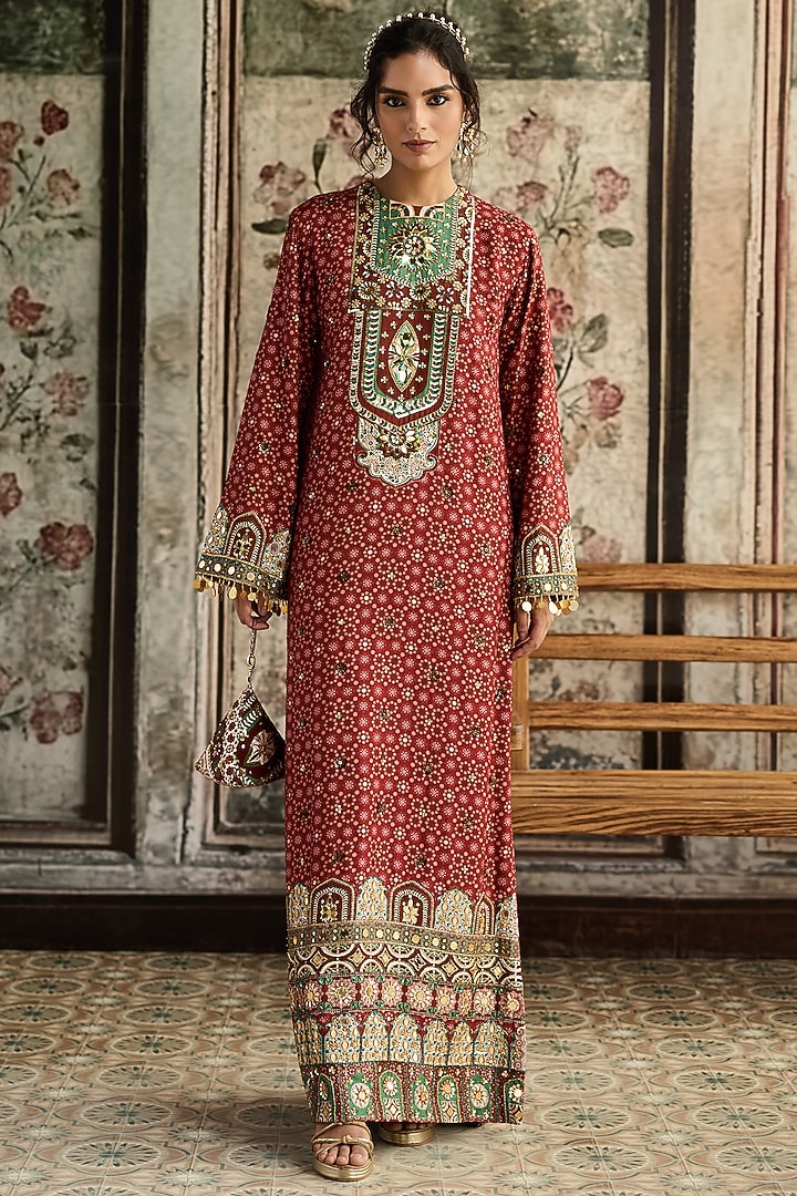 Caramel-Colored Dola Silk Printed Kaftan by DiyaRajvvir at Pernia's Pop Up Shop