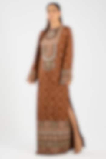 Caramel-Colored Dola Silk Printed Kaftan by DiyaRajvvir at Pernia's Pop Up Shop