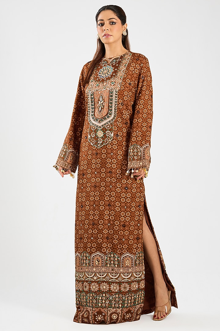 Caramel-Colored Dola Silk Printed Kaftan by DiyaRajvvir at Pernia's Pop Up Shop