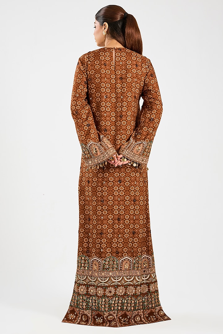 Caramel-Colored Dola Silk Printed Kaftan by DiyaRajvvir at Pernia's Pop Up Shop