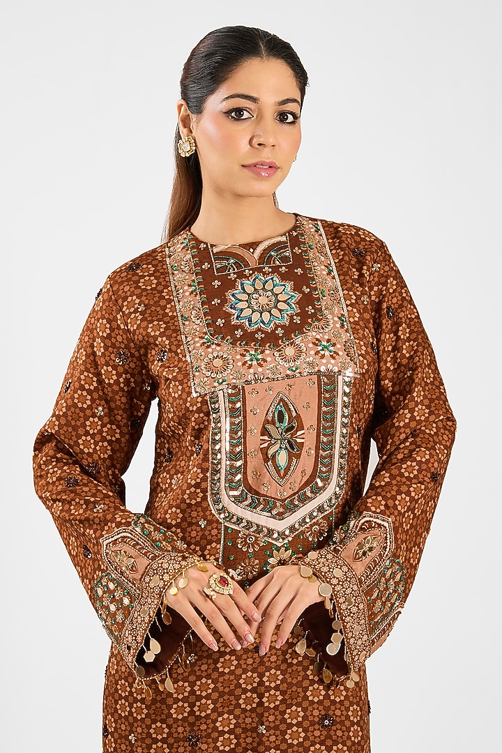 Caramel-Colored Dola Silk Printed Kaftan by DiyaRajvvir at Pernia's Pop Up Shop