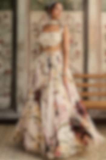 Ivory Crepe & Georgette Leaf Printed Wedding Lehenga Set by DiyaRajvvir at Pernia's Pop Up Shop