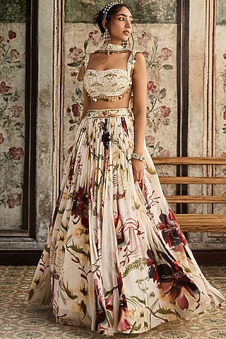 Ivory Crepe & Georgette Leaf Printed Lehenga Set by DiyaRajvvir