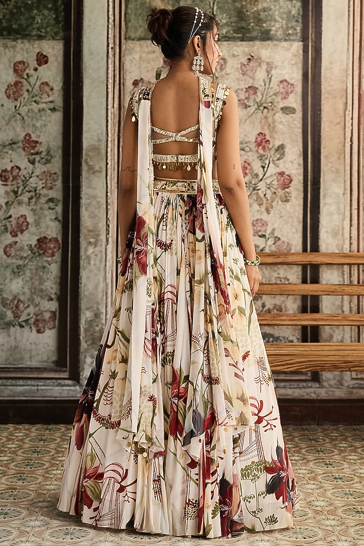 Ivory Crepe & Georgette Leaf Printed Wedding Lehenga Set by DiyaRajvvir at Pernia's Pop Up Shop