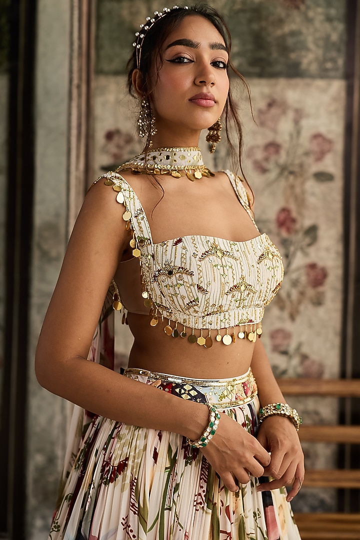 Ivory Crepe & Georgette Leaf Printed Wedding Lehenga Set by DiyaRajvvir at Pernia's Pop Up Shop
