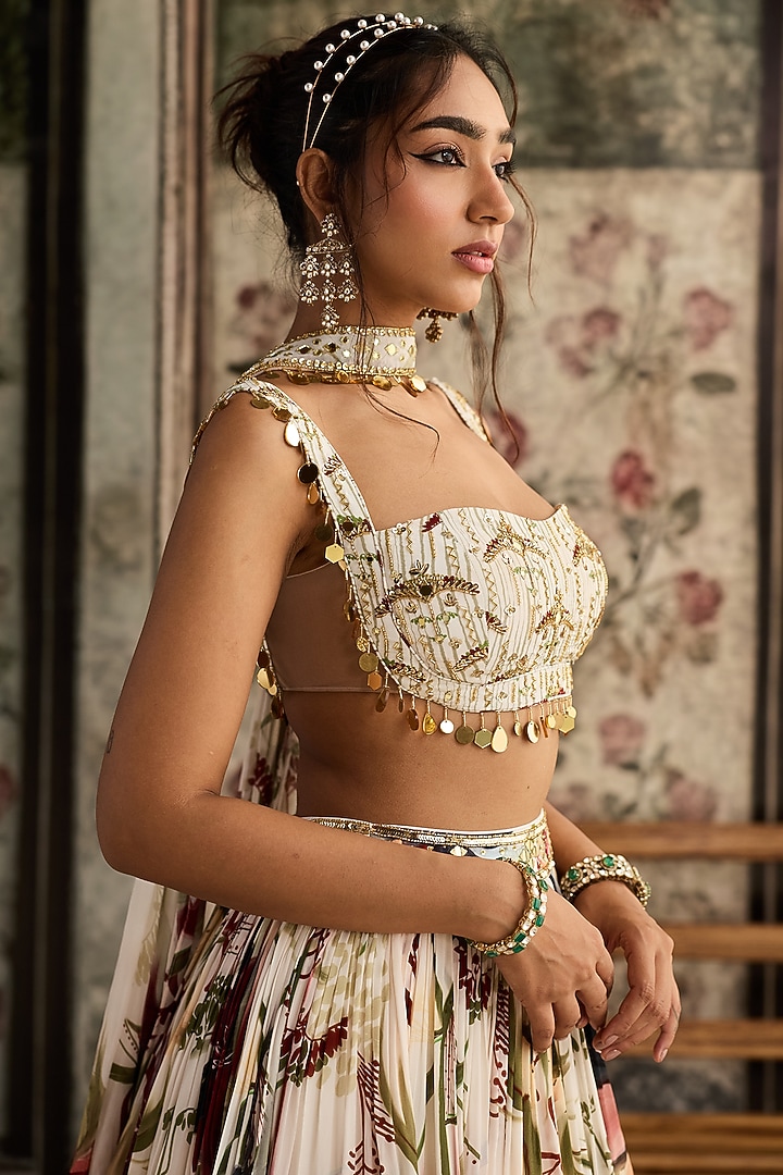 Ivory Crepe & Georgette Leaf Printed Wedding Lehenga Set by DiyaRajvvir at Pernia's Pop Up Shop