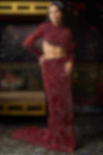 Maroon & Red Satin Lycra Embellished Trail Skirt Set by DiyaRajvvir at Pernia's Pop Up Shop