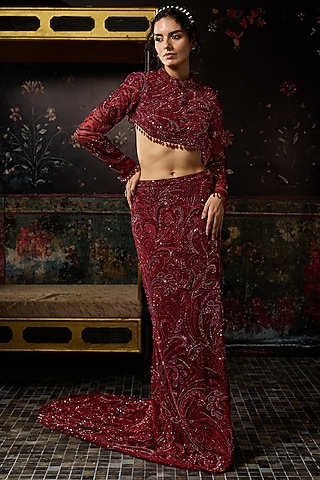 Maroon & Red Satin Lycra Embellished Trail Skirt Set by DiyaRajvvir