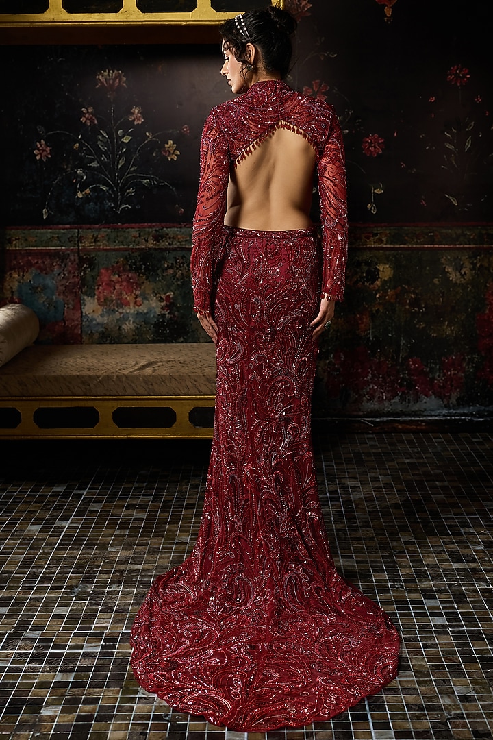 Maroon & Red Satin Lycra Embellished Trail Skirt Set by DiyaRajvvir at Pernia's Pop Up Shop
