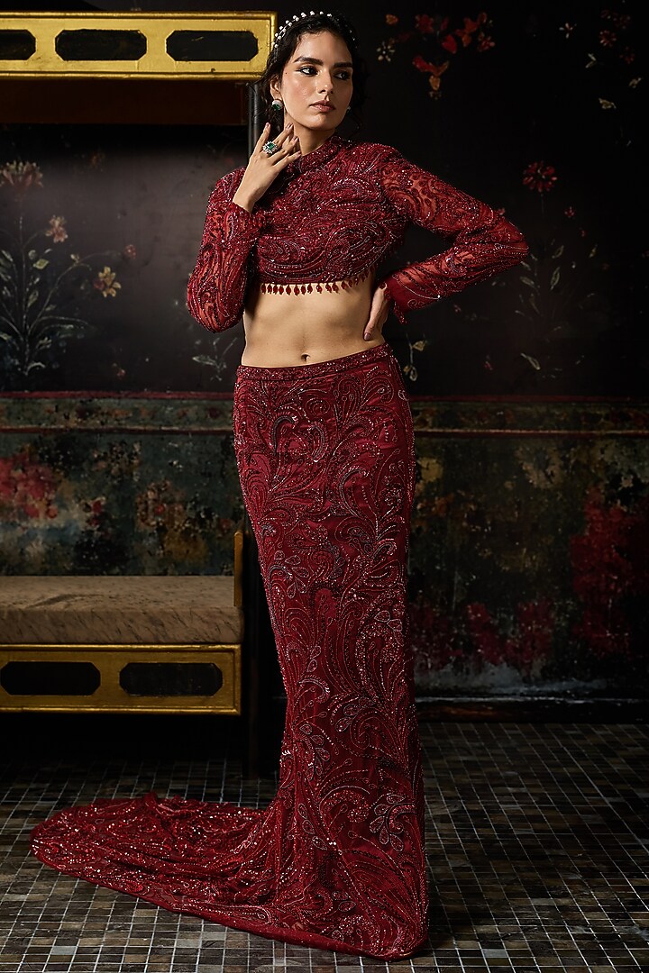 Maroon & Red Satin Lycra Embellished Trail Skirt Set by DiyaRajvvir at Pernia's Pop Up Shop