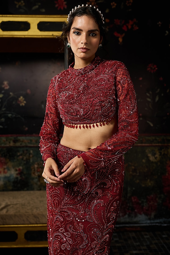 Maroon & Red Satin Lycra Embellished Trail Skirt Set by DiyaRajvvir at Pernia's Pop Up Shop