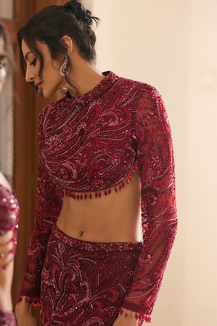 Maroon & Red Satin Lycra Embellished Trail Skirt Set by DiyaRajvvir at Pernia's Pop Up Shop