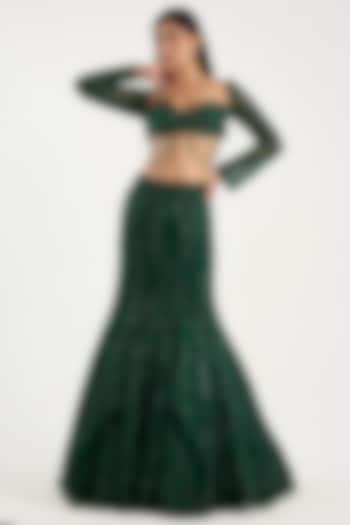 Emerald Green Tulle Abstract Embellished Mermaid Bridal Lehenga Set by DiyaRajvvir at Pernia's Pop Up Shop