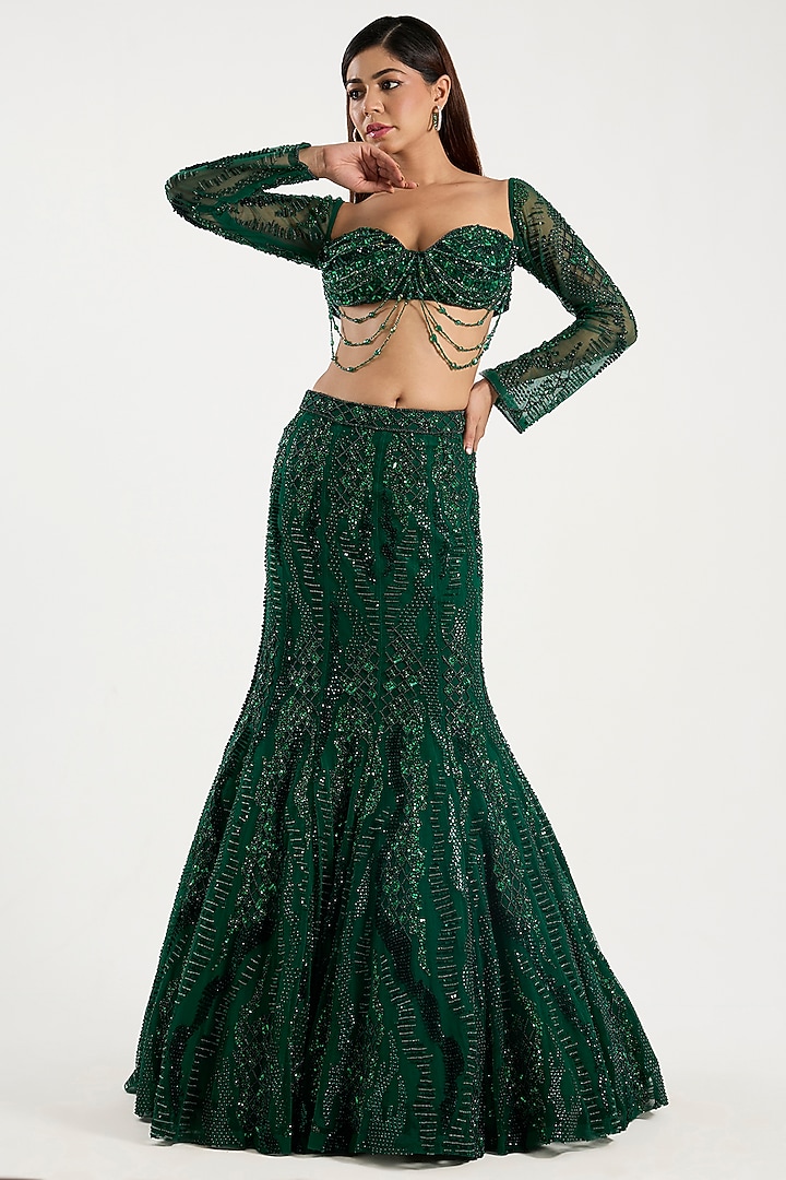 Emerald Green Tulle Abstract Embellished Mermaid Bridal Lehenga Set by DiyaRajvvir at Pernia's Pop Up Shop