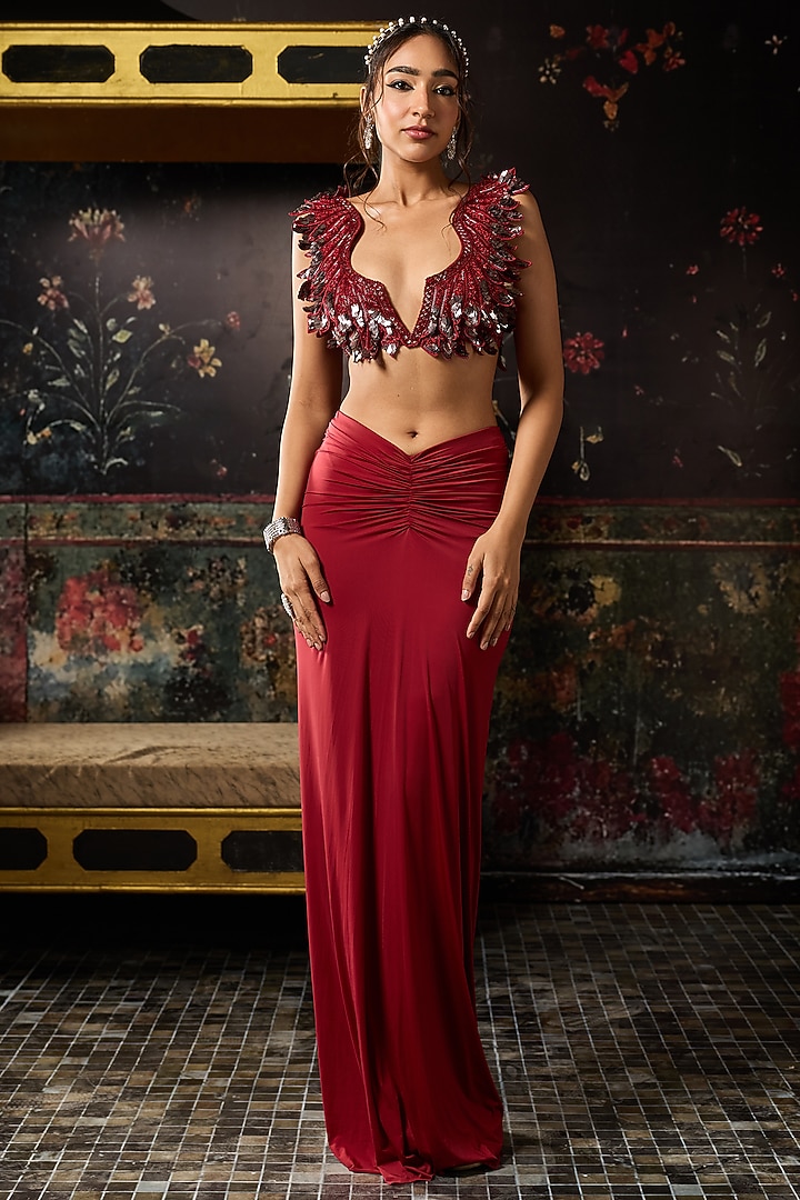 Maroon Net Lycra Dhoti Skirt Set by DiyaRajvvir at Pernia's Pop Up Shop