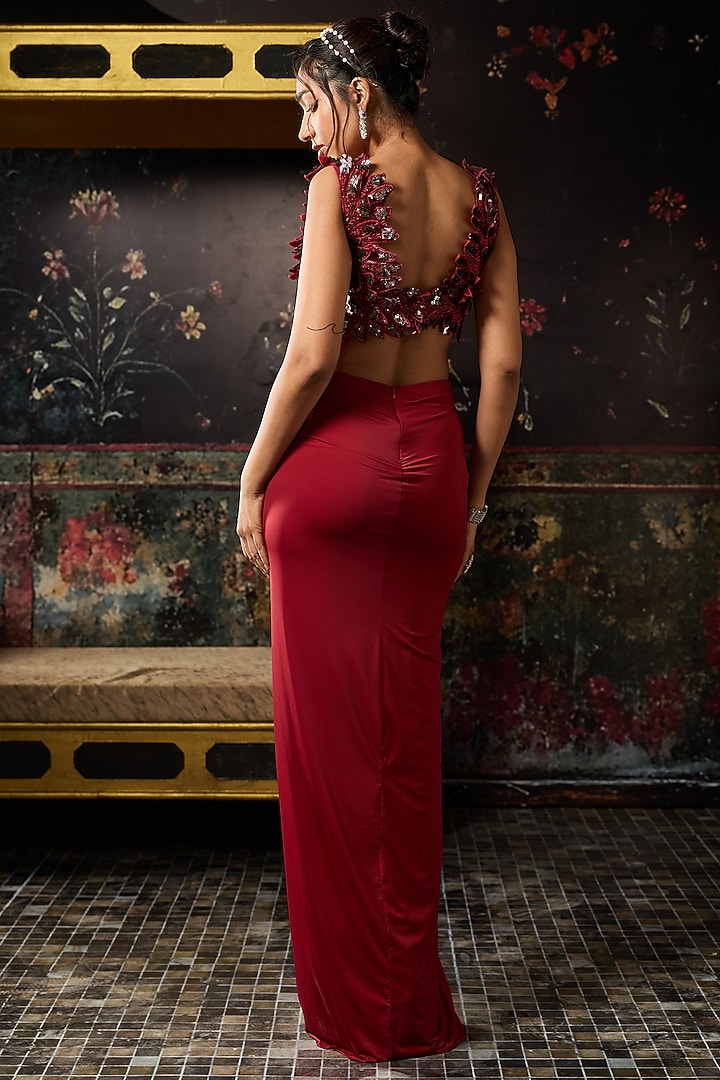 Maroon Net Lycra Dhoti Skirt Set by DiyaRajvvir at Pernia's Pop Up Shop
