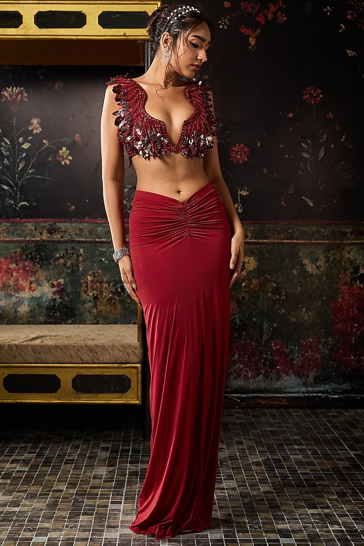 Maroon Net Lycra Dhoti Skirt Set by DiyaRajvvir at Pernia's Pop Up Shop
